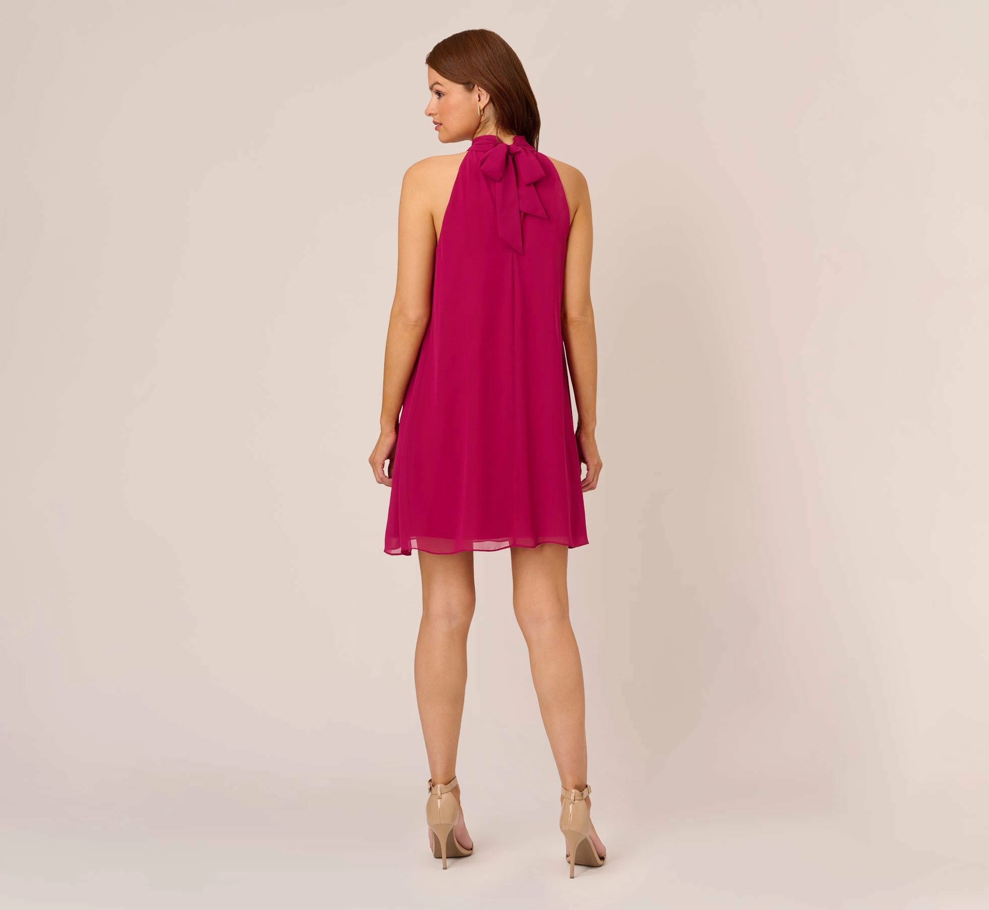 Adrianna Papell Sleeveless Pleated Chiffon Shift Dress With Mock Neckline In Magenta 6 Adrianna Papell Sleeveless Pleated Chiffon Shift Dress With Mock Neckline In Magenta - Image 6