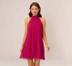 Adrianna Papell Sleeveless Pleated Chiffon Shift Dress With Mock Neckline In Magenta