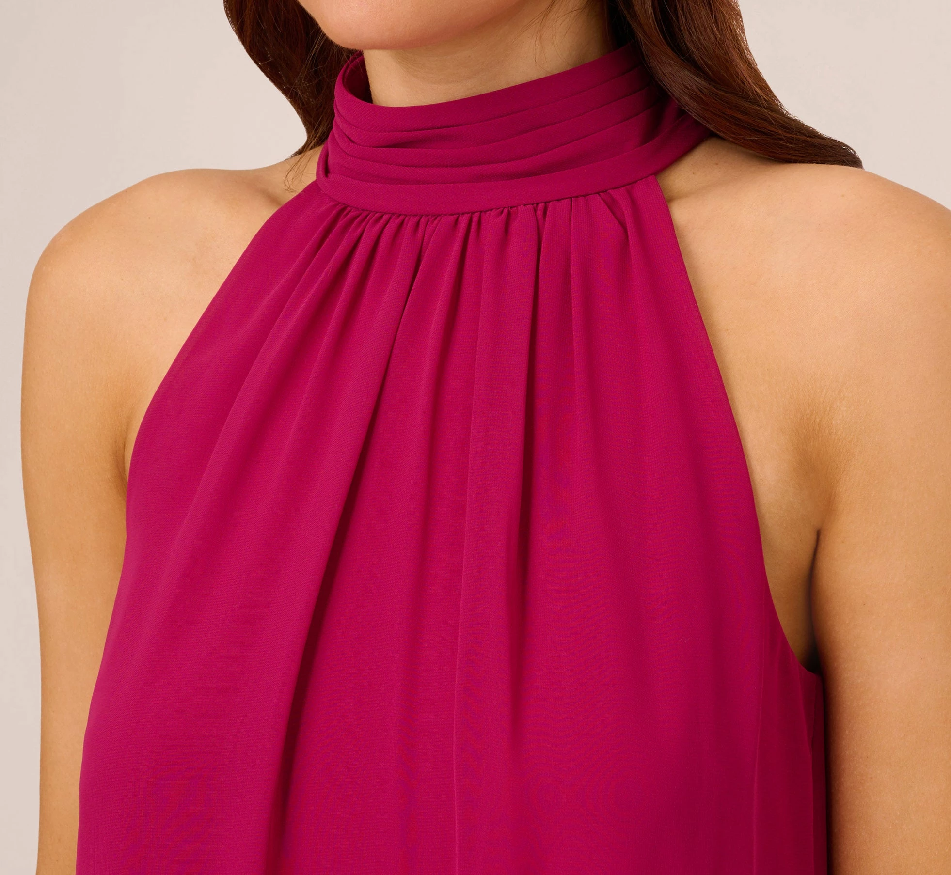 Adrianna Papell Sleeveless Pleated Chiffon Shift Dress With Mock Neckline In Magenta 3 Adrianna Papell Sleeveless Pleated Chiffon Shift Dress With Mock Neckline In Magenta - Image 3