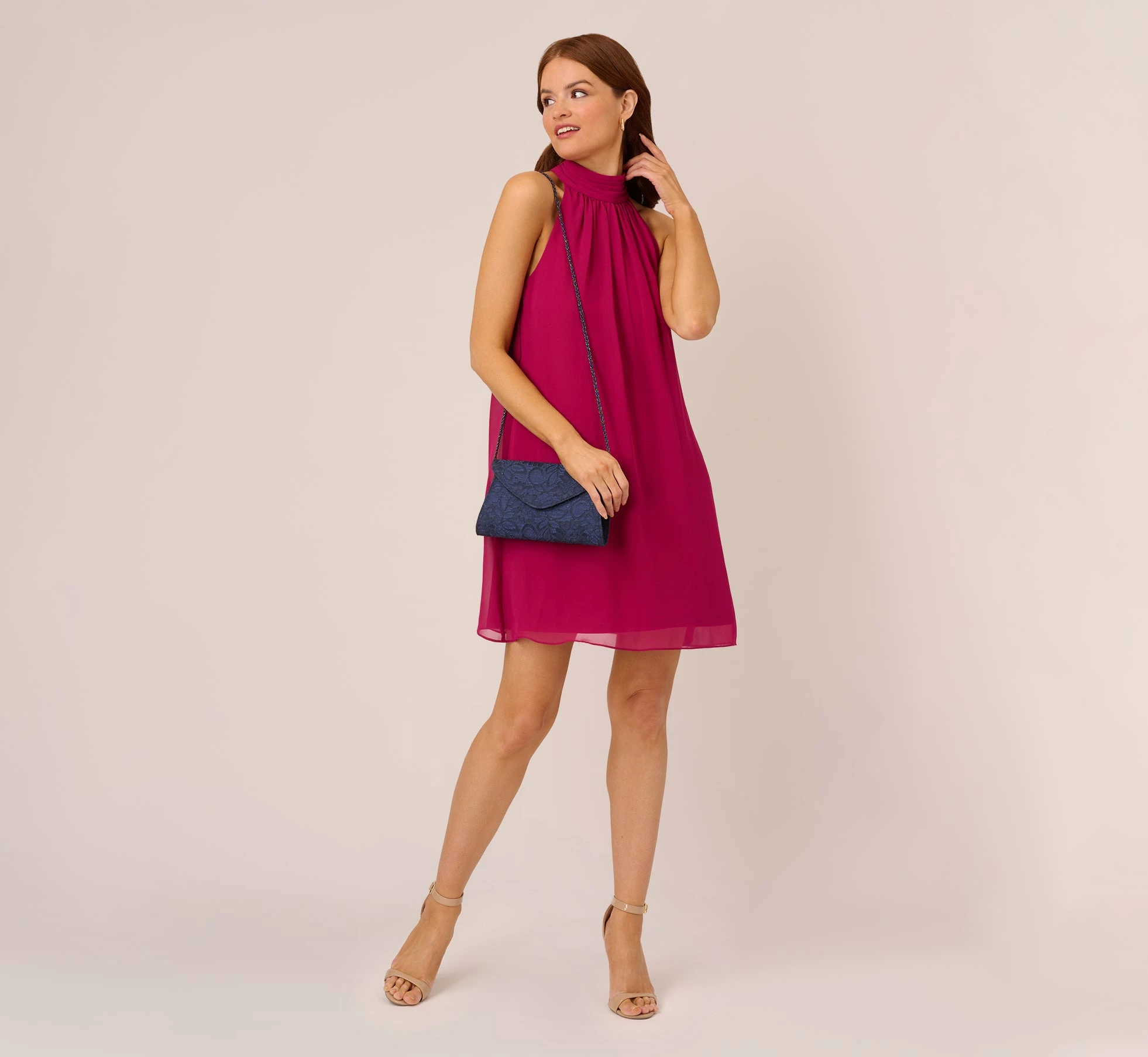 Adrianna Papell Sleeveless Pleated Chiffon Shift Dress With Mock Neckline In Magenta 2 Adrianna Papell Sleeveless Pleated Chiffon Shift Dress With Mock Neckline In Magenta - Image 2