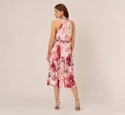 Adrianna Papell Floral Chiffon Midi Dress With Cutout Halter Neckline In Pink Multi -Adrianna Papell Shop AP1D105041 AE970 Regular Back