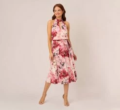 Adrianna Papell Floral Chiffon Midi Dress With Cutout Halter Neckline In Pink Multi