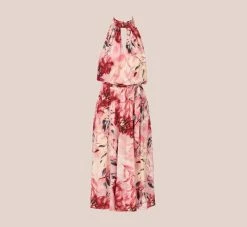 Adrianna Papell Floral Chiffon Midi Dress With Cutout Halter Neckline In Pink Multi -Adrianna Papell Shop AP1D105041 AE970 Regular Flat