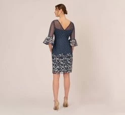Adrianna Papell Floral Lattice Embroidered Sheath Dress With Sheer Sleeves In Navy Ivory -Adrianna Papell Shop AP1D105044 BH980 Regular Back