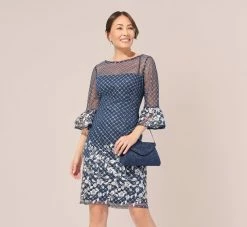 Adrianna Papell Floral Lattice Embroidered Sheath Dress With Sheer Sleeves In Navy Ivory
