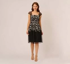 Adrianna Papell Floral Embroidered Midi Dress With Sheer Cap Sleeves In Black Ivory