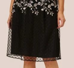 Adrianna Papell Floral Embroidered Midi Dress With Sheer Cap Sleeves In Black Ivory -Adrianna Papell Shop AP1D105045 AA019 Regular Detail