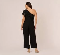 Adrianna Papell Plus Size One Shoulder Crepe Jumpsuit With Lace Ruffle Details In Black 9 Adrianna Papell Plus Size One Shoulder Crepe Jumpsuit With Lace Ruffle Details In Black -Adrianna Papell Shop AP1D105049 AA002 Plus Back
