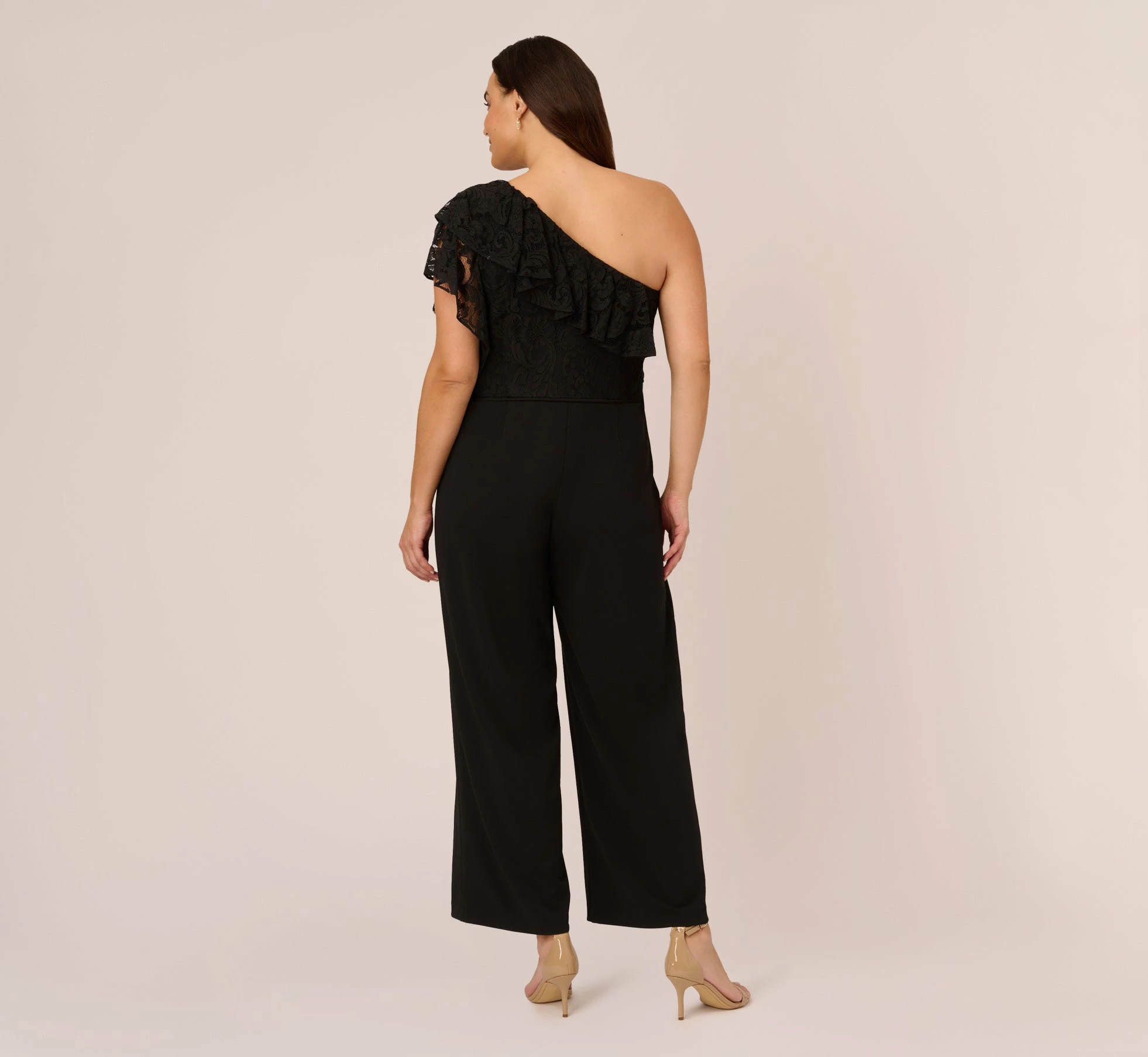 Adrianna Papell Plus Size One Shoulder Crepe Jumpsuit With Lace Ruffle Details In Black 4 Adrianna Papell Plus Size One Shoulder Crepe Jumpsuit With Lace Ruffle Details In Black - Image 4