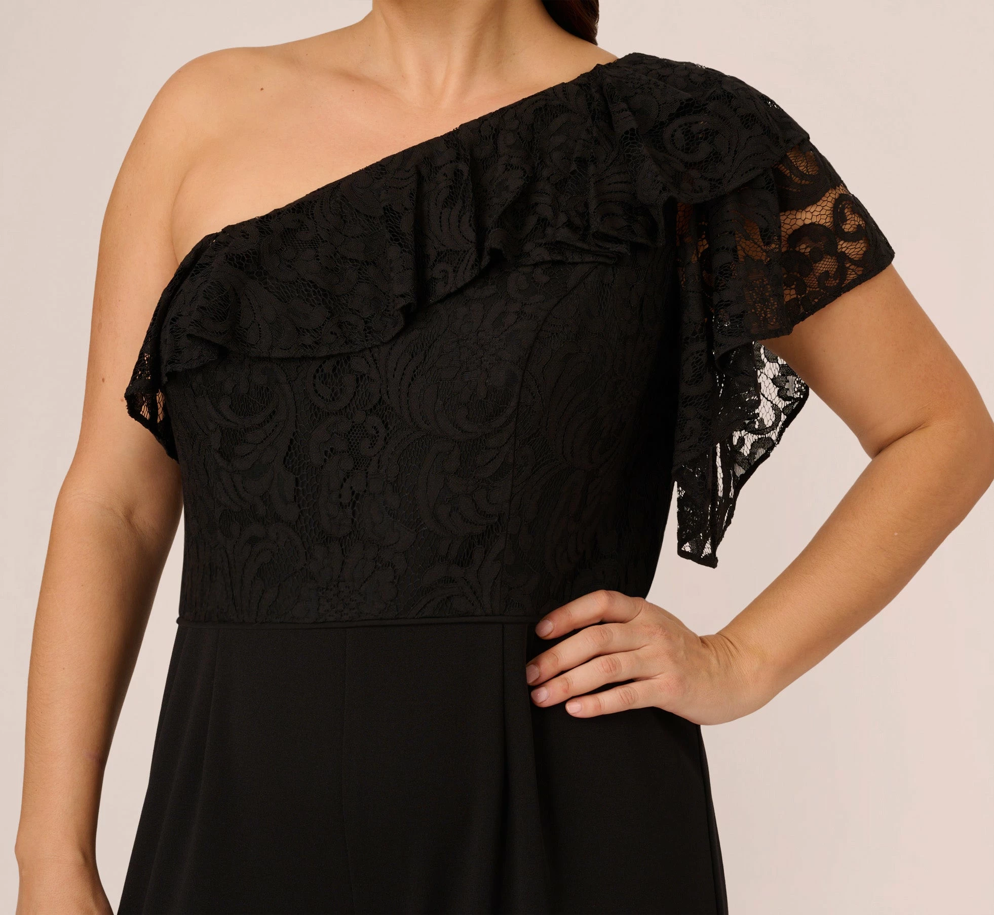 Adrianna Papell Plus Size One Shoulder Crepe Jumpsuit With Lace Ruffle Details In Black 3 Adrianna Papell Plus Size One Shoulder Crepe Jumpsuit With Lace Ruffle Details In Black - Image 3