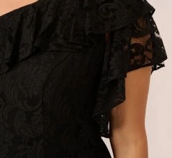 Adrianna Papell Plus Size One Shoulder Crepe Jumpsuit With Lace Ruffle Details In Black 10 Adrianna Papell Plus Size One Shoulder Crepe Jumpsuit With Lace Ruffle Details In Black -Adrianna Papell Shop AP1D105049 AA002 Plus Lifestyle
