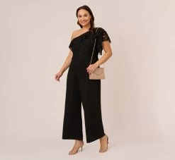 Adrianna Papell Plus Size One Shoulder Crepe Jumpsuit With Lace Ruffle Details In Black 7 Adrianna Papell Plus Size One Shoulder Crepe Jumpsuit With Lace Ruffle Details In Black -Adrianna Papell Shop AP1D105049 AA002 Plus Side