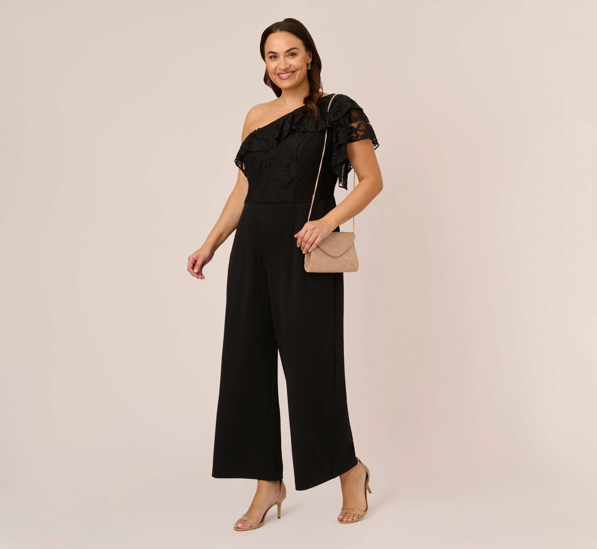 Adrianna Papell Plus Size One Shoulder Crepe Jumpsuit With Lace Ruffle Details In Black 2 Adrianna Papell Plus Size One Shoulder Crepe Jumpsuit With Lace Ruffle Details In Black - Image 2