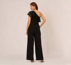 Adrianna Papell One Shoulder Crepe Jumpsuit With Lace Ruffle Details In Black 9 Adrianna Papell One Shoulder Crepe Jumpsuit With Lace Ruffle Details In Black -Adrianna Papell Shop AP1D105049 AA002 Regular Back