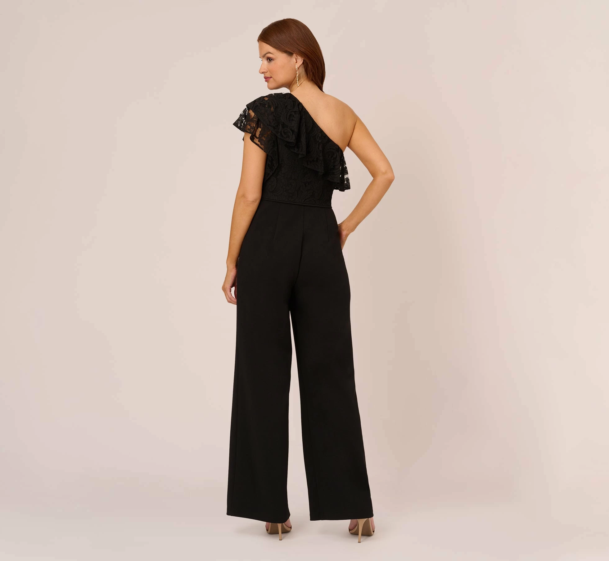 Adrianna Papell One Shoulder Crepe Jumpsuit With Lace Ruffle Details In Black 4 Adrianna Papell One Shoulder Crepe Jumpsuit With Lace Ruffle Details In Black - Image 4
