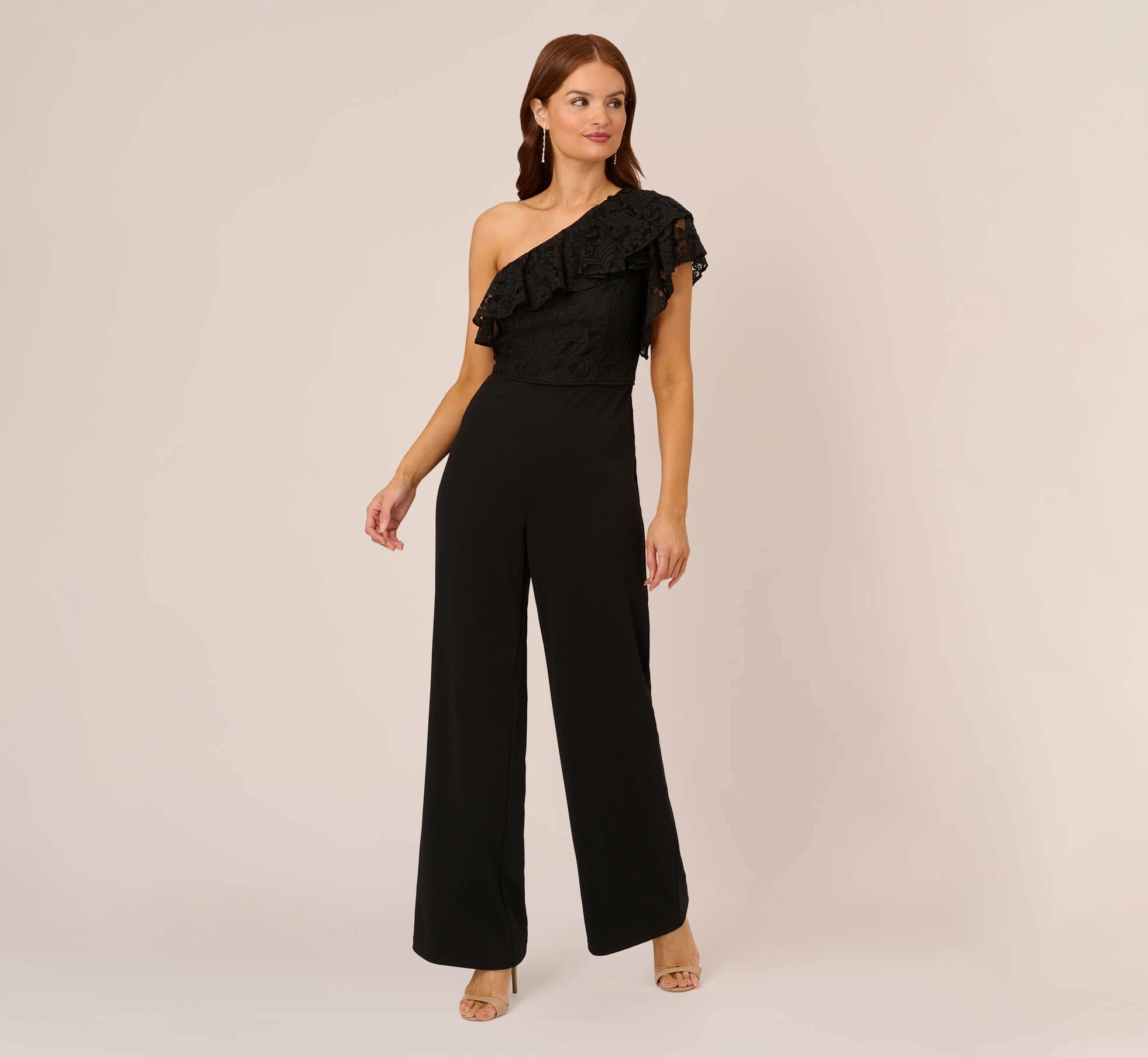 Adrianna Papell One Shoulder Crepe Jumpsuit With Lace Ruffle Details In Black 1 Adrianna Papell One Shoulder Crepe Jumpsuit With Lace Ruffle Details In Black