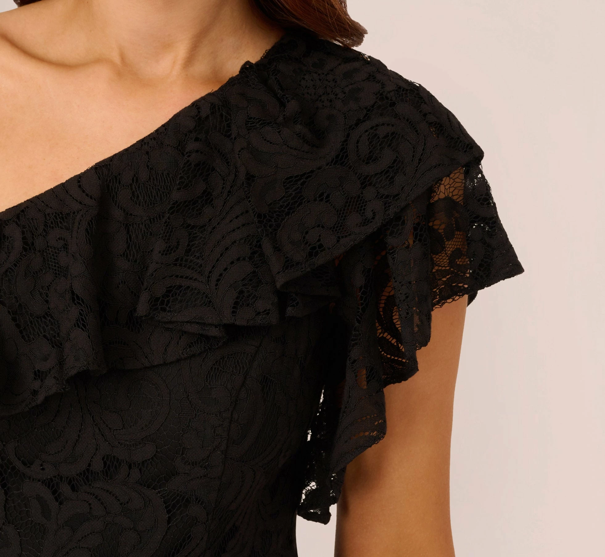 Adrianna Papell One Shoulder Crepe Jumpsuit With Lace Ruffle Details In Black 3 Adrianna Papell One Shoulder Crepe Jumpsuit With Lace Ruffle Details In Black - Image 3