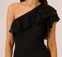 Adrianna Papell One Shoulder Crepe Jumpsuit With Lace Ruffle Details In Black 10 Adrianna Papell One Shoulder Crepe Jumpsuit With Lace Ruffle Details In Black -Adrianna Papell Shop AP1D105049 AA002 Regular Lifestyle