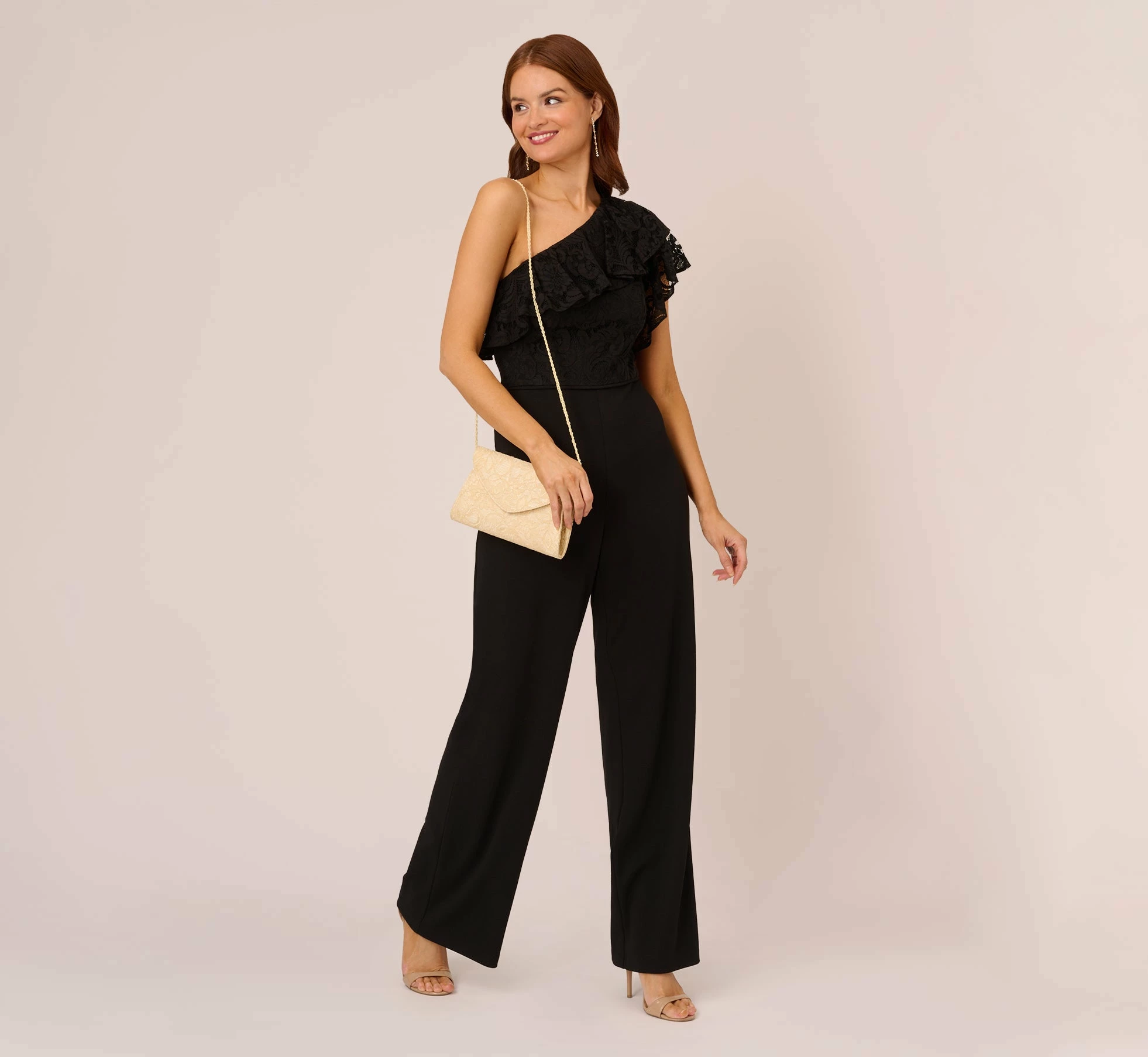 Adrianna Papell One Shoulder Crepe Jumpsuit With Lace Ruffle Details In Black 2 Adrianna Papell One Shoulder Crepe Jumpsuit With Lace Ruffle Details In Black - Image 2