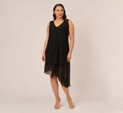 Adrianna Papell Plus Size Sleeveless Chiffon Dress With Cascading Details In Black