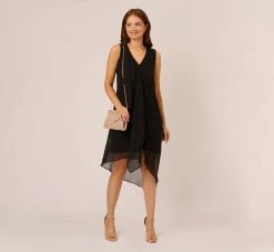 Adrianna Papell Sleeveless Chiffon Dress With Cascading Details In Black