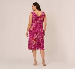 Adrianna Papell Plus Size Metallic Floral Chiffon Midi Dress With Ruffled Neckline In Raspberry Multi 9 Adrianna Papell Plus Size Metallic Floral Chiffon Midi Dress With Ruffled Neckline In Raspberry Multi -Adrianna Papell Shop AP1D105052 AJ521 Plus Back