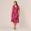 Adrianna Papell Plus Size Metallic Floral Chiffon Midi Dress With Ruffled Neckline In Raspberry Multi