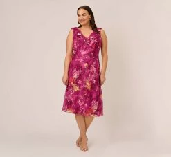 Adrianna Papell Plus Size Metallic Floral Chiffon Midi Dress With Ruffled Neckline In Raspberry Multi