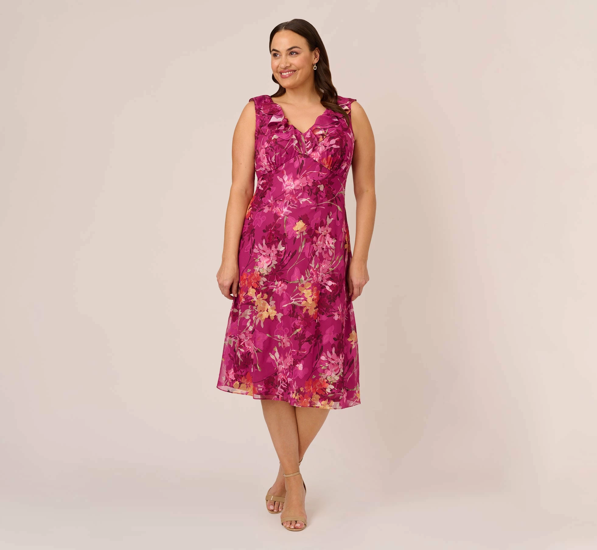 Adrianna Papell Plus Size Metallic Floral Chiffon Midi Dress With Ruffled Neckline In Raspberry Multi 1 Adrianna Papell Plus Size Metallic Floral Chiffon Midi Dress With Ruffled Neckline In Raspberry Multi