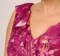 Adrianna Papell Plus Size Metallic Floral Chiffon Midi Dress With Ruffled Neckline In Raspberry Multi 10 Adrianna Papell Plus Size Metallic Floral Chiffon Midi Dress With Ruffled Neckline In Raspberry Multi -Adrianna Papell Shop AP1D105052 AJ521 Plus Detail