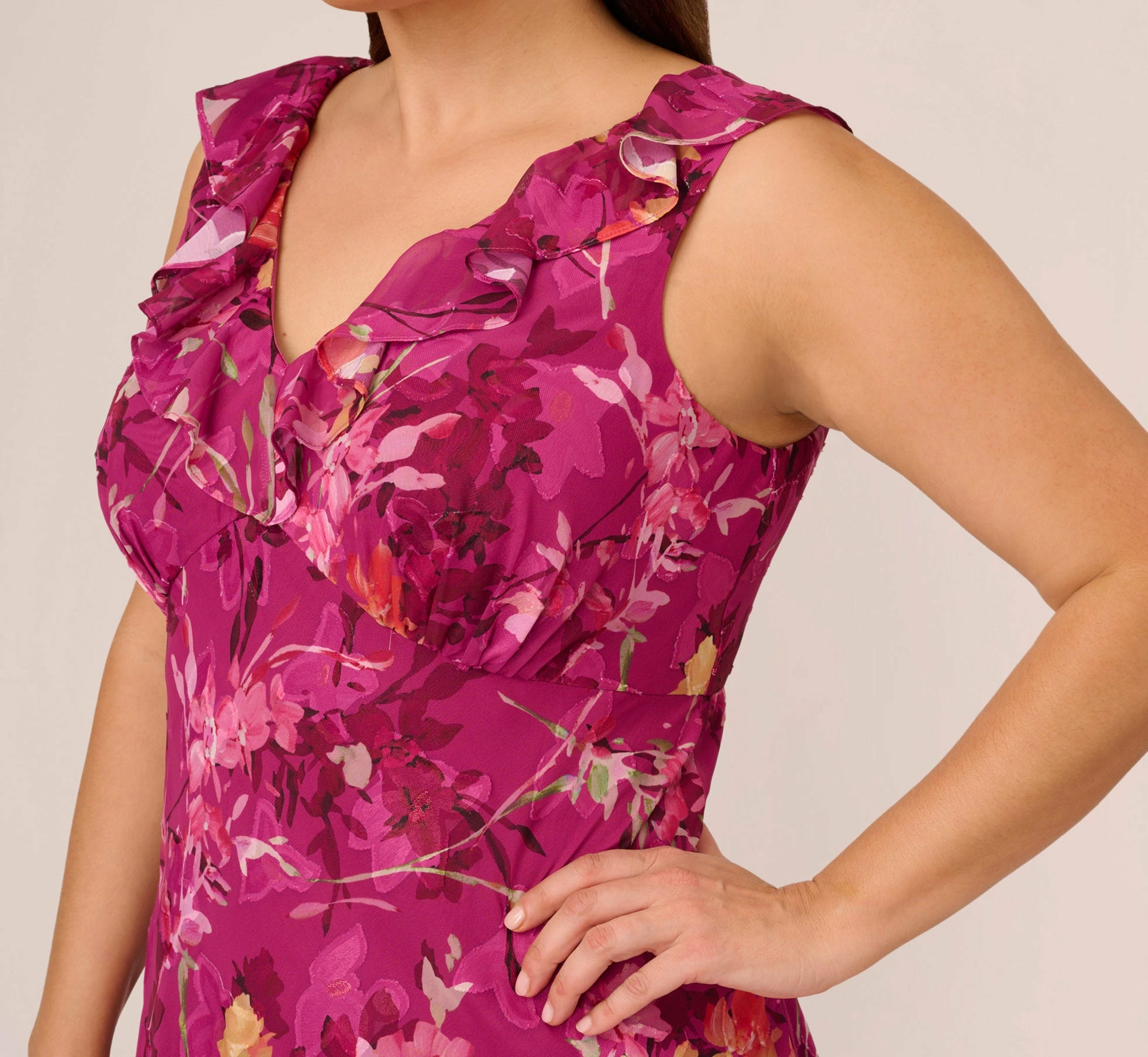 Adrianna Papell Plus Size Metallic Floral Chiffon Midi Dress With Ruffled Neckline In Raspberry Multi 3 Adrianna Papell Plus Size Metallic Floral Chiffon Midi Dress With Ruffled Neckline In Raspberry Multi - Image 3