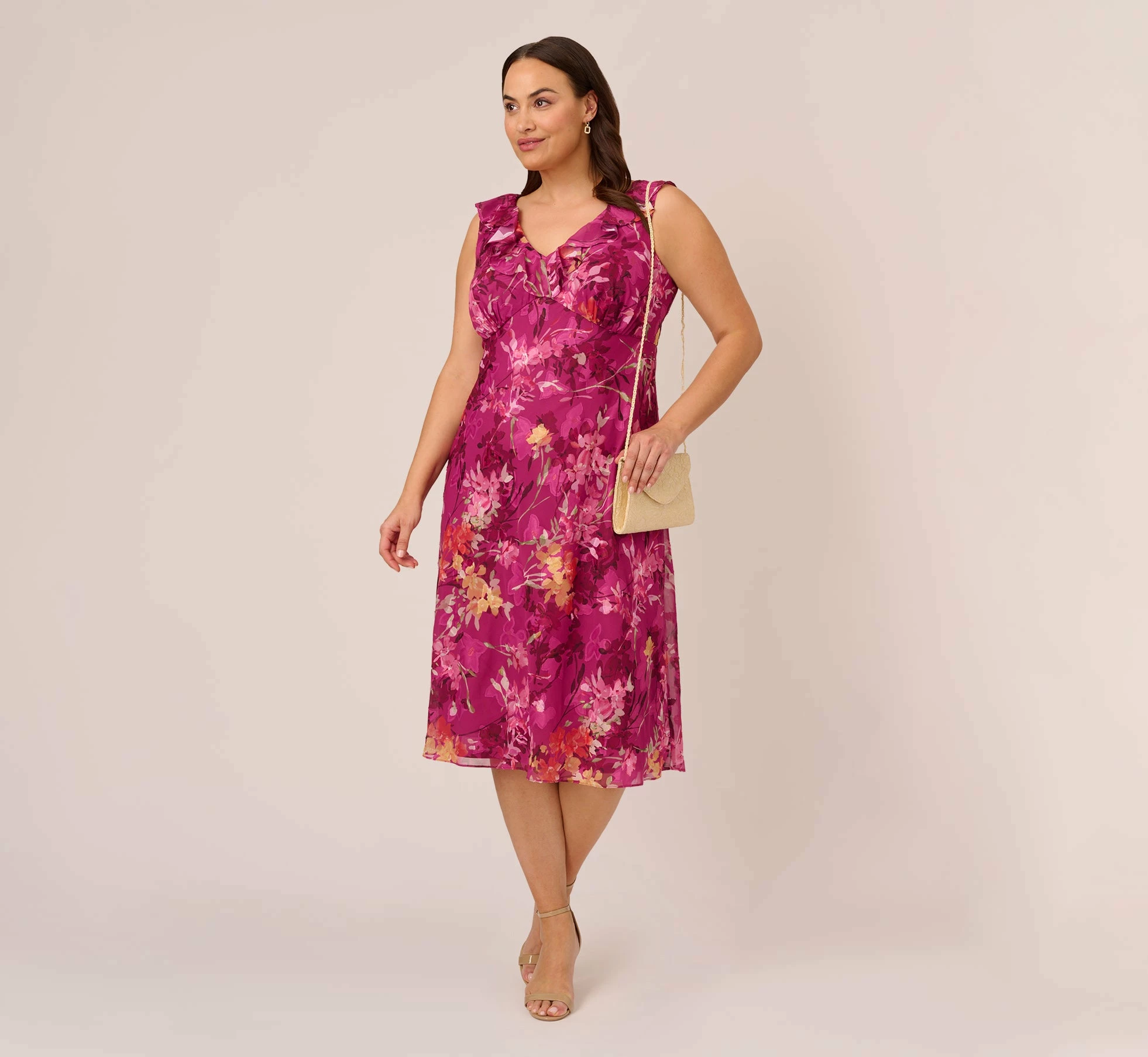 Adrianna Papell Plus Size Metallic Floral Chiffon Midi Dress With Ruffled Neckline In Raspberry Multi 2 Adrianna Papell Plus Size Metallic Floral Chiffon Midi Dress With Ruffled Neckline In Raspberry Multi - Image 2