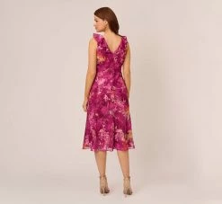 Adrianna Papell Metallic Floral Chiffon Midi Dress With Ruffled Neckline In Raspberry Multi 9 Adrianna Papell Metallic Floral Chiffon Midi Dress With Ruffled Neckline In Raspberry Multi -Adrianna Papell Shop AP1D105052 AJ521 Regular Back