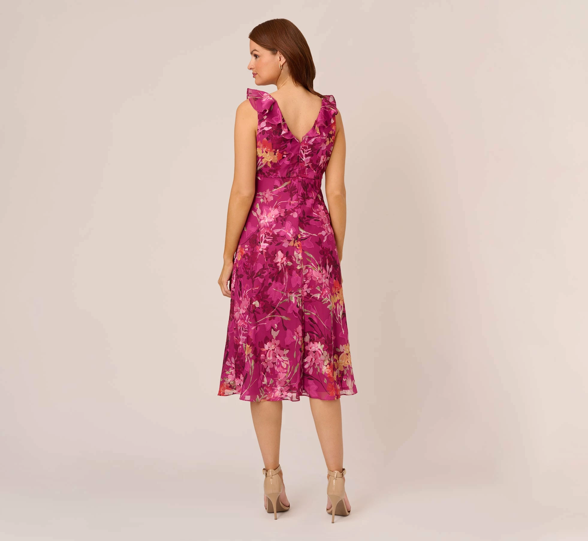 Adrianna Papell Metallic Floral Chiffon Midi Dress With Ruffled Neckline In Raspberry Multi 4 Adrianna Papell Metallic Floral Chiffon Midi Dress With Ruffled Neckline In Raspberry Multi - Image 4
