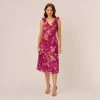 Adrianna Papell Metallic Floral Chiffon Midi Dress With Ruffled Neckline In Raspberry Multi