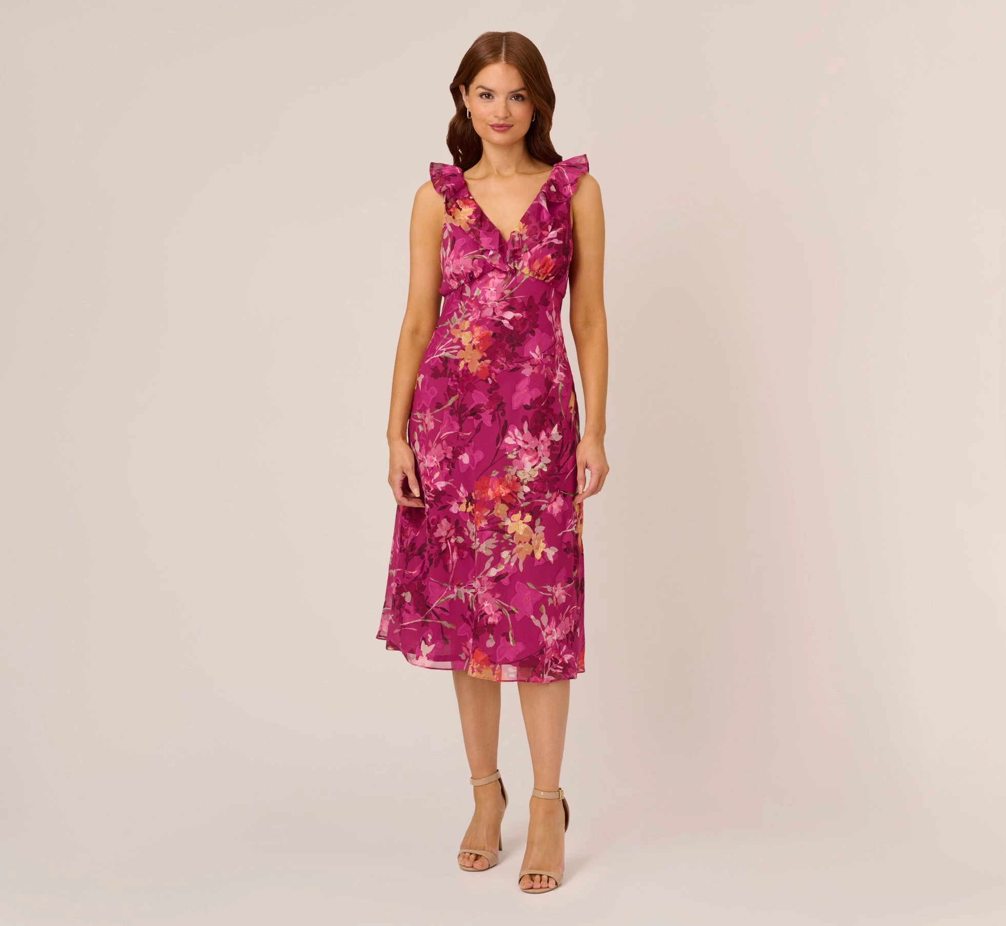 Adrianna Papell Metallic Floral Chiffon Midi Dress With Ruffled Neckline In Raspberry Multi 1 Adrianna Papell Metallic Floral Chiffon Midi Dress With Ruffled Neckline In Raspberry Multi