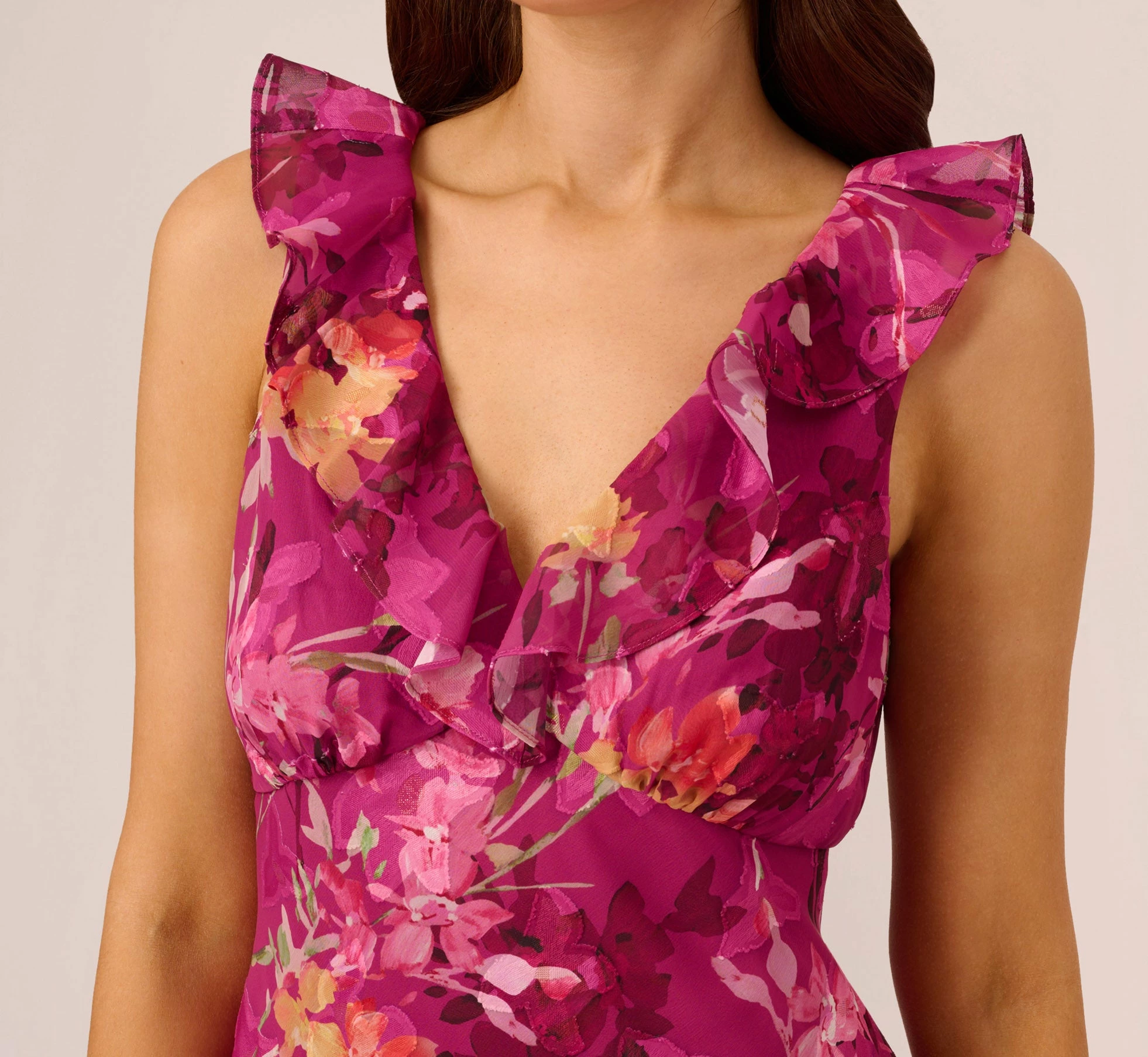 Adrianna Papell Metallic Floral Chiffon Midi Dress With Ruffled Neckline In Raspberry Multi 3 Adrianna Papell Metallic Floral Chiffon Midi Dress With Ruffled Neckline In Raspberry Multi - Image 3