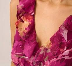 Adrianna Papell Metallic Floral Chiffon Midi Dress With Ruffled Neckline In Raspberry Multi 10 Adrianna Papell Metallic Floral Chiffon Midi Dress With Ruffled Neckline In Raspberry Multi -Adrianna Papell Shop AP1D105052 AJ521 Regular Lifestyle