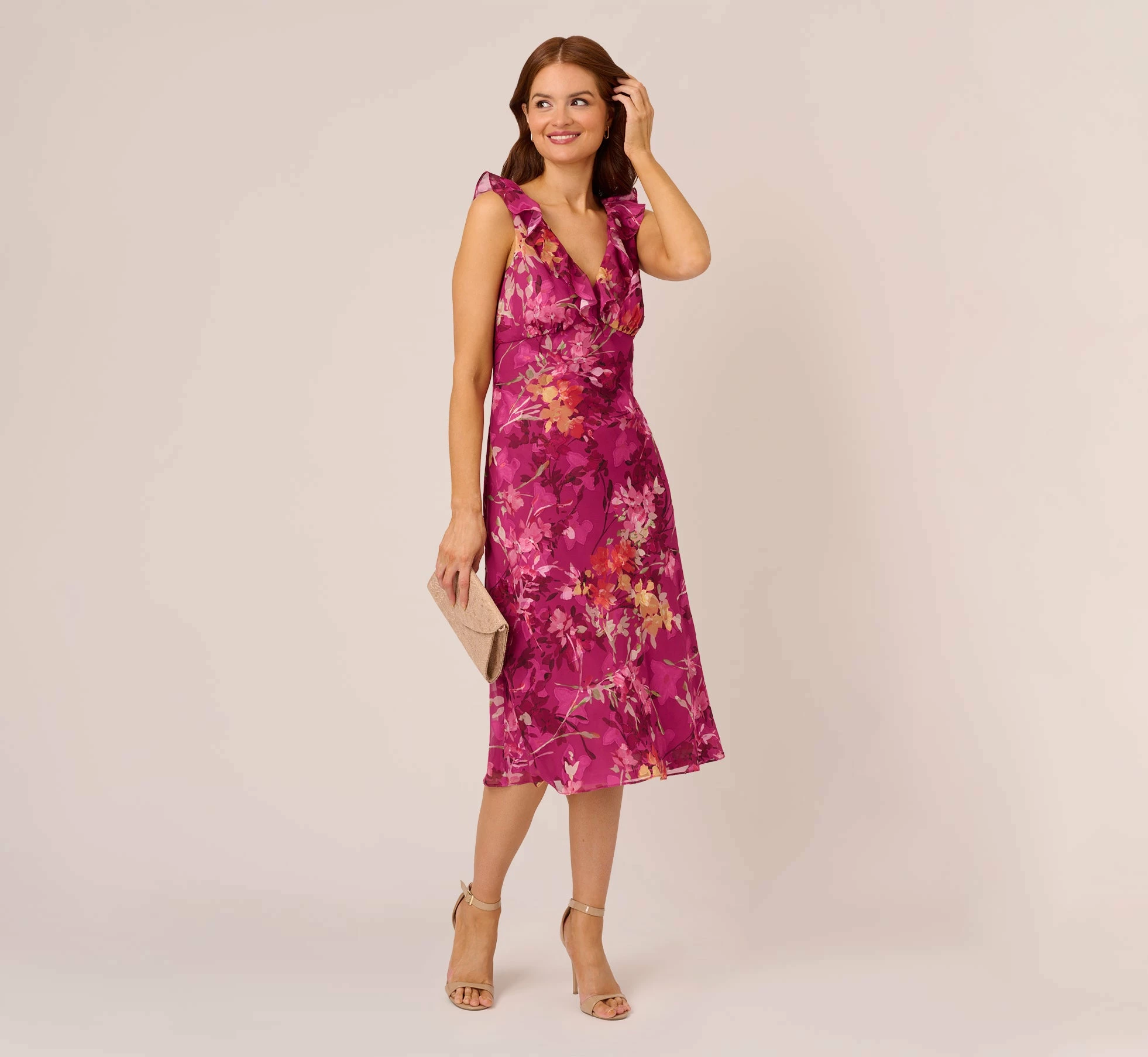 Adrianna Papell Metallic Floral Chiffon Midi Dress With Ruffled Neckline In Raspberry Multi 2 Adrianna Papell Metallic Floral Chiffon Midi Dress With Ruffled Neckline In Raspberry Multi - Image 2