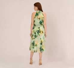 Adrianna Papell Floral Print Chiffon Halter Dress With Mock Neckline In Green Multi -Adrianna Papell Shop AP1D105053 AA390 Regular Back