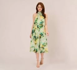Adrianna Papell Floral Print Chiffon Halter Dress With Mock Neckline In Green Multi