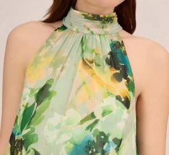 Adrianna Papell Floral Print Chiffon Halter Dress With Mock Neckline In Green Multi -Adrianna Papell Shop AP1D105053 AA390 Regular Detail