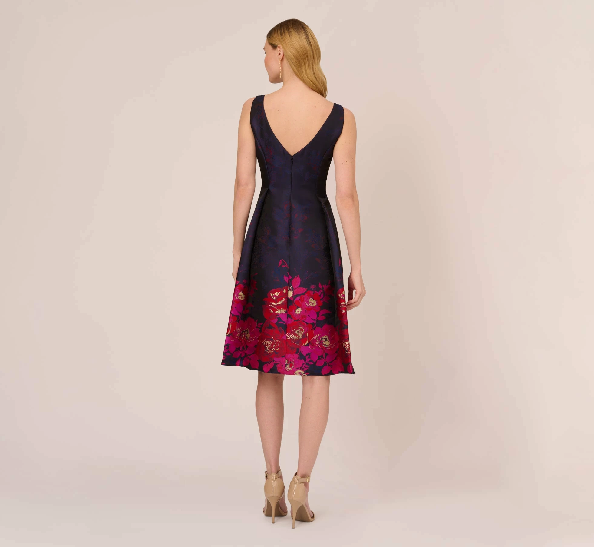 Adrianna Papell Jacquard Midi Dress With Metallic Floral Trim In Navy Pink Multi 3 Adrianna Papell Jacquard Midi Dress With Metallic Floral Trim In Navy Pink Multi - Image 3
