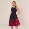 Adrianna Papell Jacquard Midi Dress With Metallic Floral Trim In Navy Pink Multi