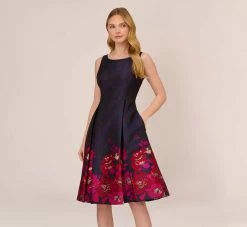 Adrianna Papell Jacquard Midi Dress With Metallic Floral Trim In Navy Pink Multi