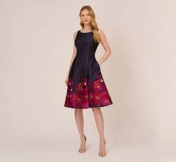Adrianna Papell Jacquard Midi Dress With Metallic Floral Trim In Navy Pink Multi 14 Adrianna Papell Jacquard Midi Dress With Metallic Floral Trim In Navy Pink Multi -Adrianna Papell Shop AP1D105054 DE980 Regular Front