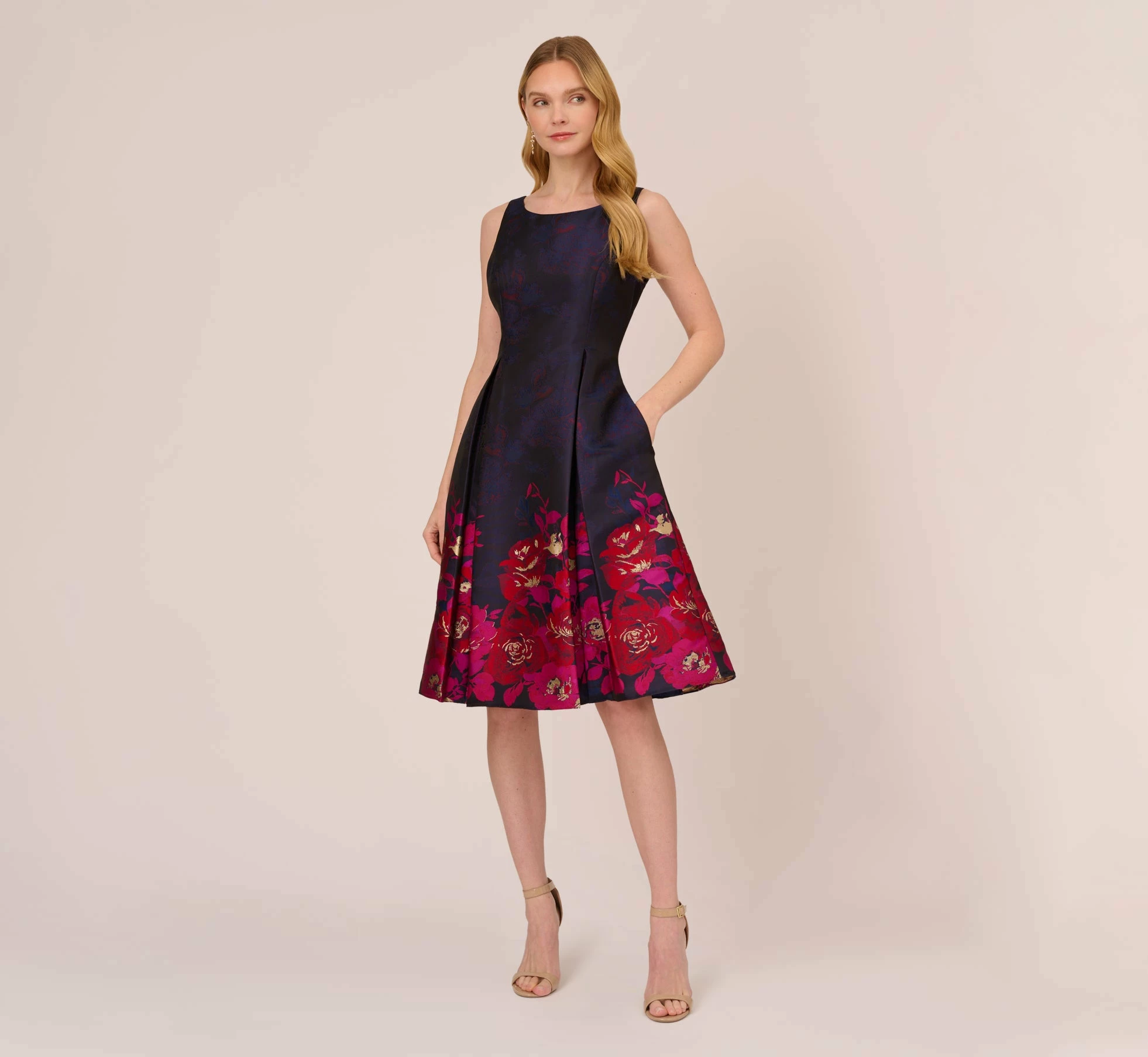 Adrianna Papell Jacquard Midi Dress With Metallic Floral Trim In Navy Pink Multi 7 Adrianna Papell Jacquard Midi Dress With Metallic Floral Trim In Navy Pink Multi - Image 7