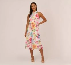 Adrianna Papell Multicolor Floral Chiffon Halter Dress In Ivory Multi