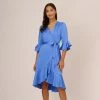 Adrianna Papell Satin Faux Wrap Dress With Ruffled Three-Quarter Sleeves In Precious Peri