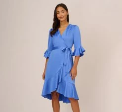 Adrianna Papell Satin Faux Wrap Dress With Ruffled Three-Quarter Sleeves In Precious Peri